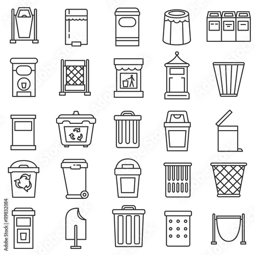 trash bin icons set. urn collection. Thin line design
