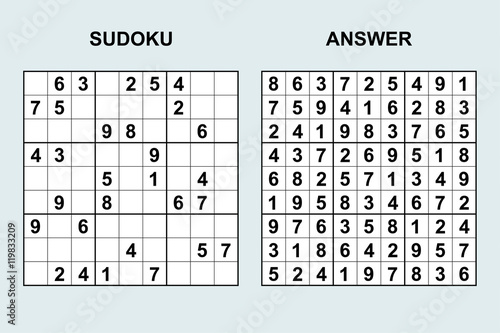 Vector sudoku with answer. Puzzle game with numbers.