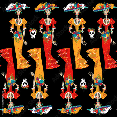 La Calavera Catrina. Elegant Skull. Dia de Muertos. Seamless background pattern.