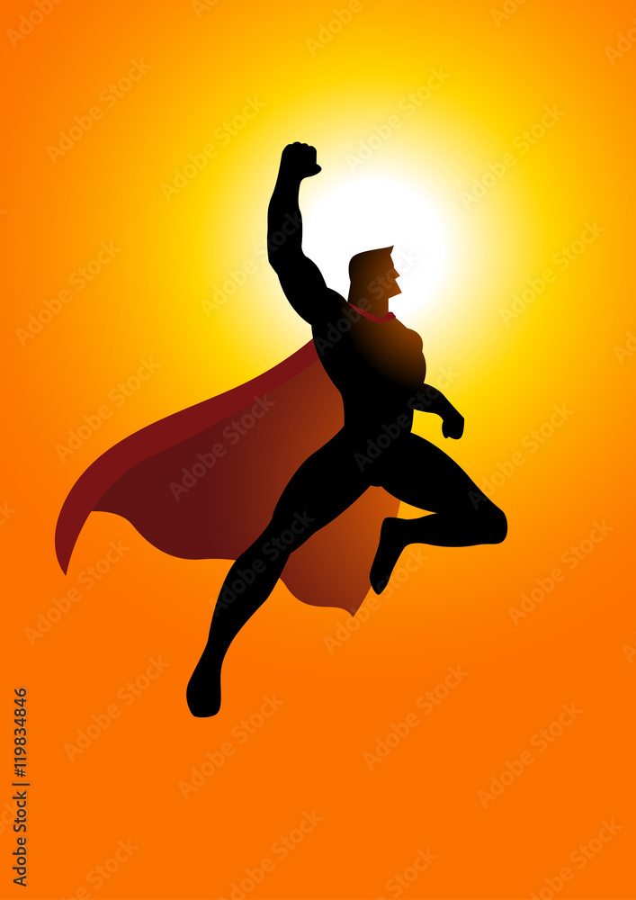 Cartoon silhouette of a superhero flying at sunrise Stock Vector | Adobe  Stock