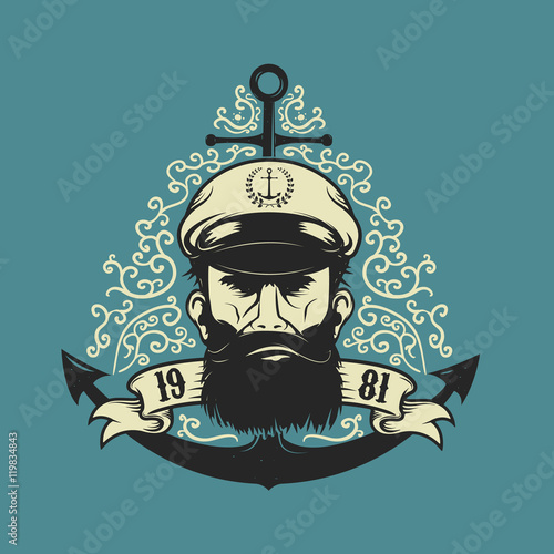Sea Captain head with anchor on floral background. Design elemen