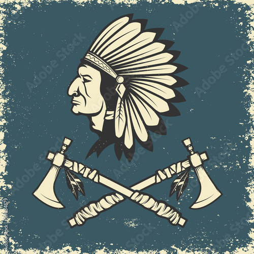 Indian chief head with two tomahawks. Design element for t-shirt