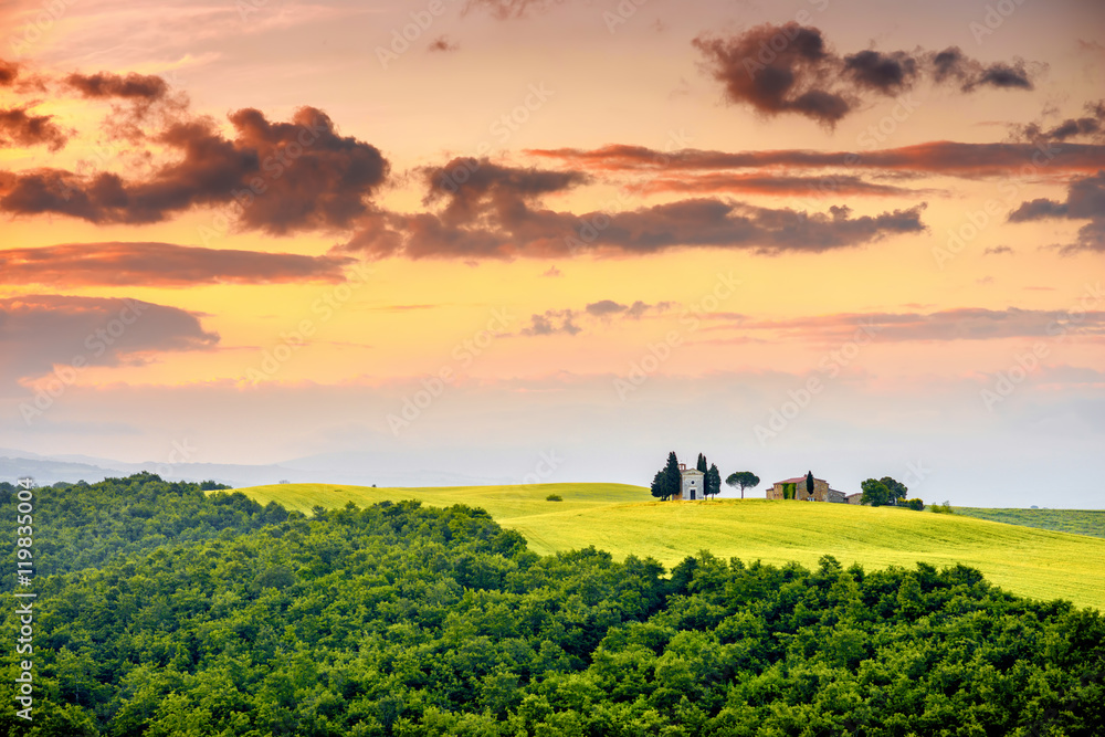 Fototapeta premium Beautiful tuscan landscape view in Val dOrcia region near Pienza town on the morning in Italy