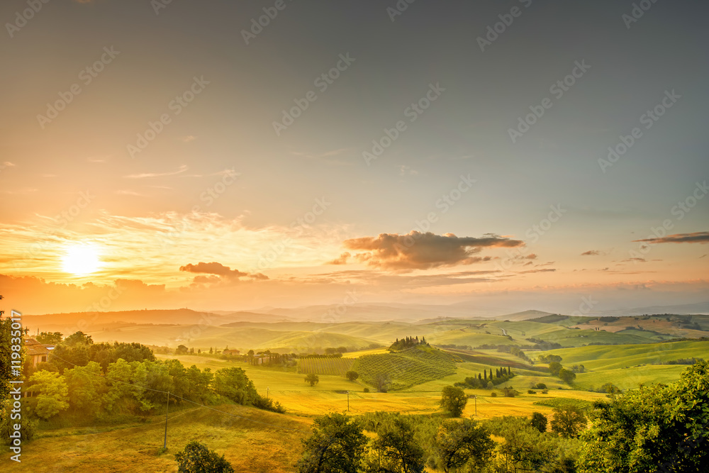 Obraz premium Beautiful tuscan landscape view in Val dOrcia region near Pienza town on the morning in Italy. Wide angle photo with copy space
