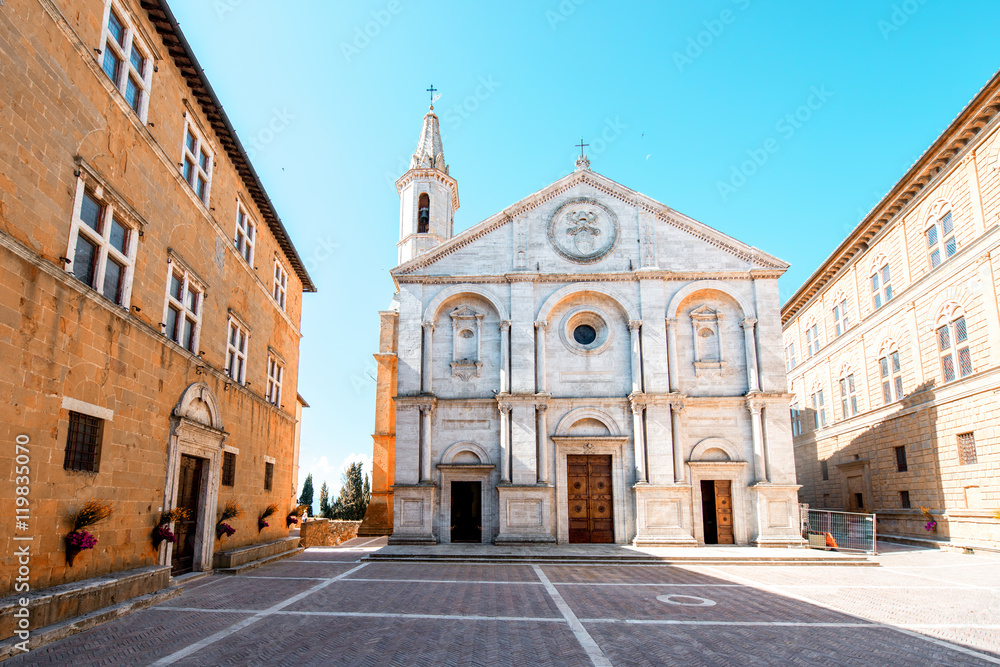Pienza cathedral on the main square in Tuscany region in Italy