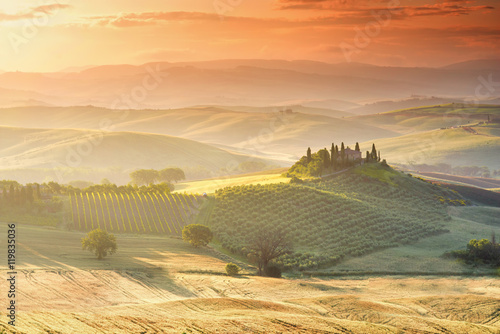 Beautiful tuscan landscape view in Val dOrcia region near Pienza town on the morning in Italy photo