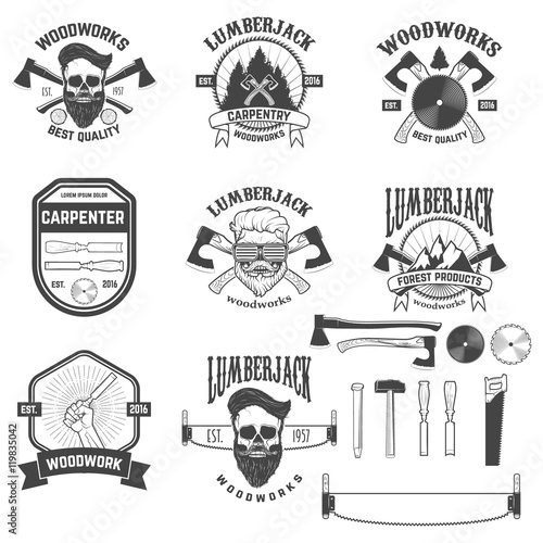 Set of woodworks, carpentry labels, emblems and design elements.