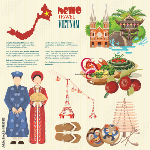 Travel to Vietnam. Set of traditional Vietnamese cultural symbols. Vietnamese landmarks and lifestyle of Vietnamese people