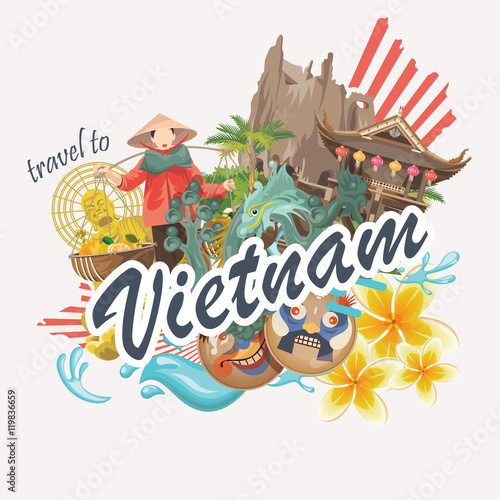 Travel to Vietnam. Set of traditional Vietnamese cultural symbols. Vietnamese landmarks and lifestyle of Vietnamese people