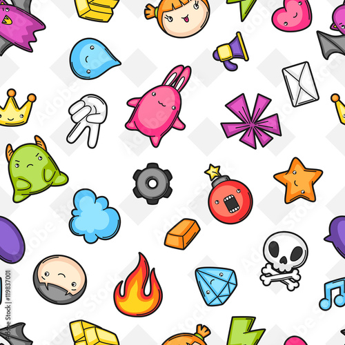 Game kawaii seamless pattern. Cute gaming design elements, objects and symbols