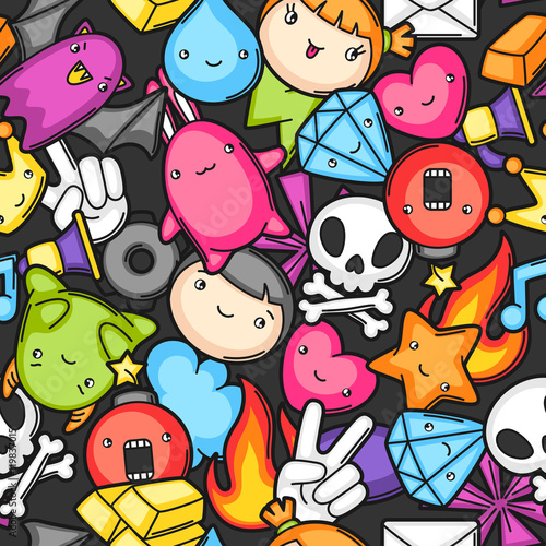 Game kawaii seamless pattern. Cute gaming design elements, objects and symbols