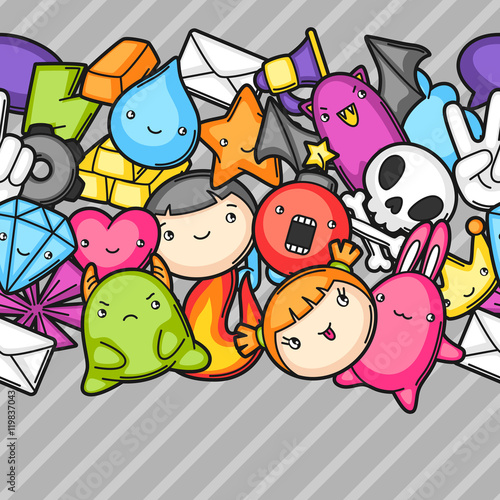 Game kawaii seamless pattern. Cute gaming design elements, objects and symbols