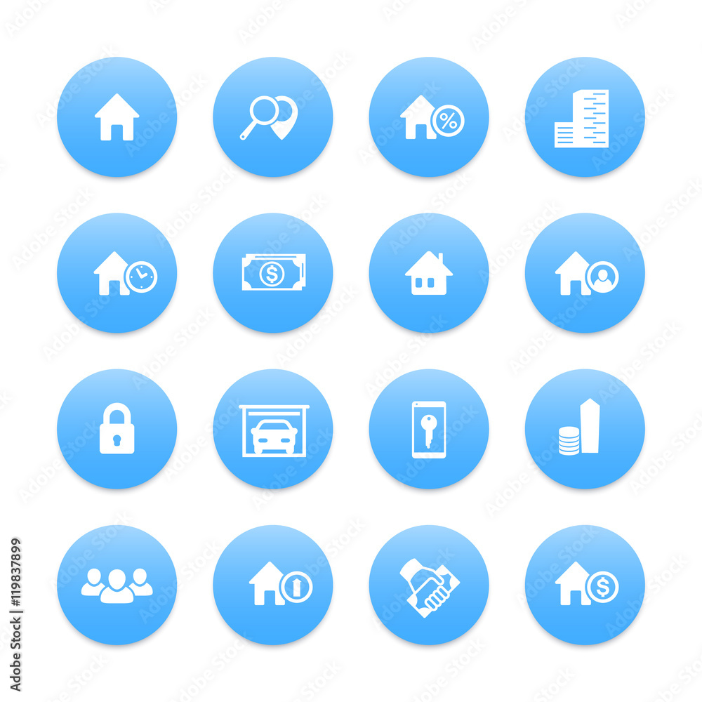 Real estate icons set, house sale, apartments, search, houses for rent, garage, building, vector illustration Real estate icons set, house sale, apartments, search, houses for rent, garage, building, vector illustration