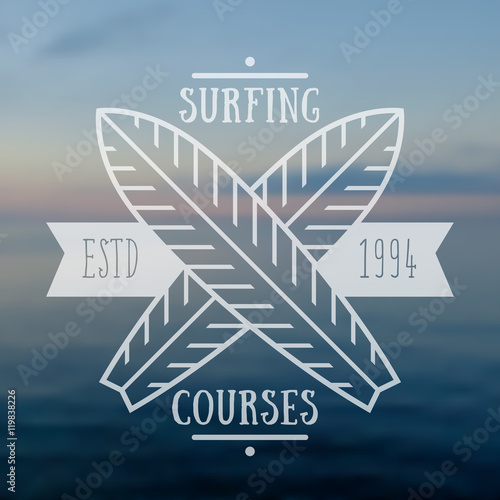 Surfing courses emblem, transparent sign, vector illustration