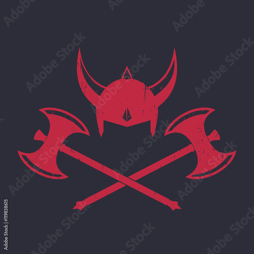 Viking's Helmet and battle axes, red on dark, vector illustration