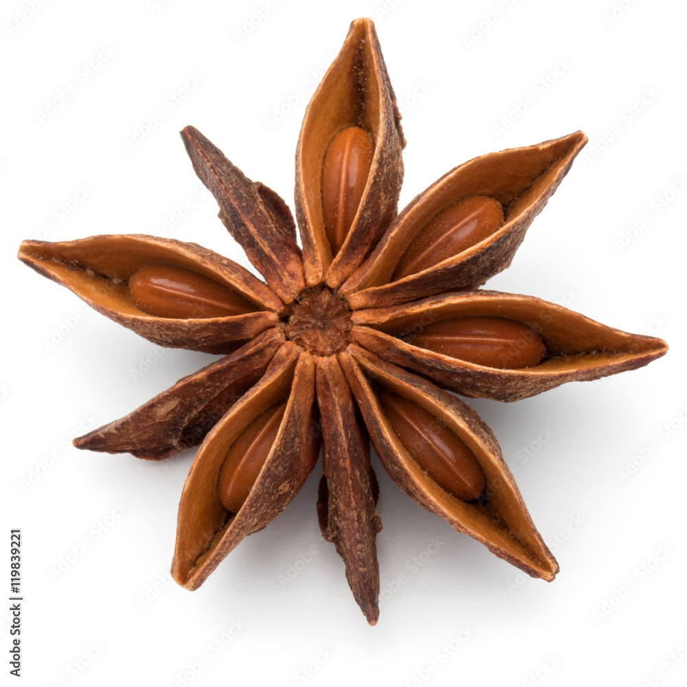 Star anise spice fruit and seeds isolated on white background cl Star anise spice fruit and seeds isolated on white background cl