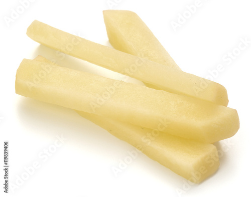 Raw Potato sliced strips prepared for French fries isolated on w