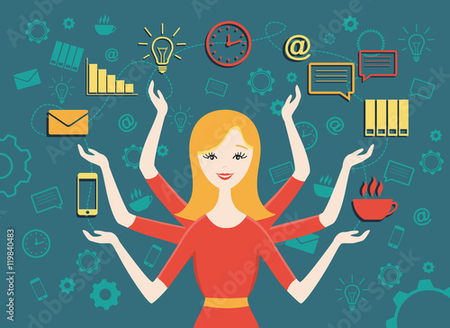 Flat design vector illustration of personal assistant or hard working secretary. Busy secretary woman managing her work with smile