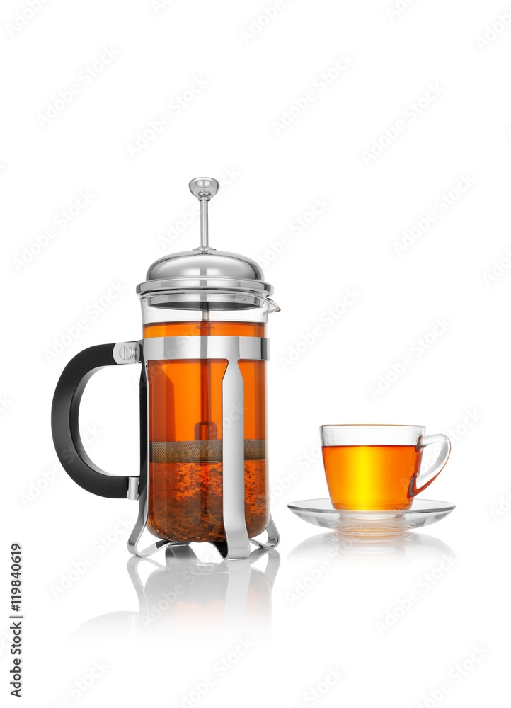 close up view of french press and a cup of black tea on white background close up view of french press and a cup of black tea on white background