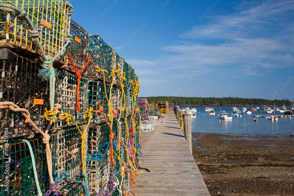 Crab farm and crab cages on Saint George Peninsula, Maine, USA - obrazy, fototapety, plakaty 