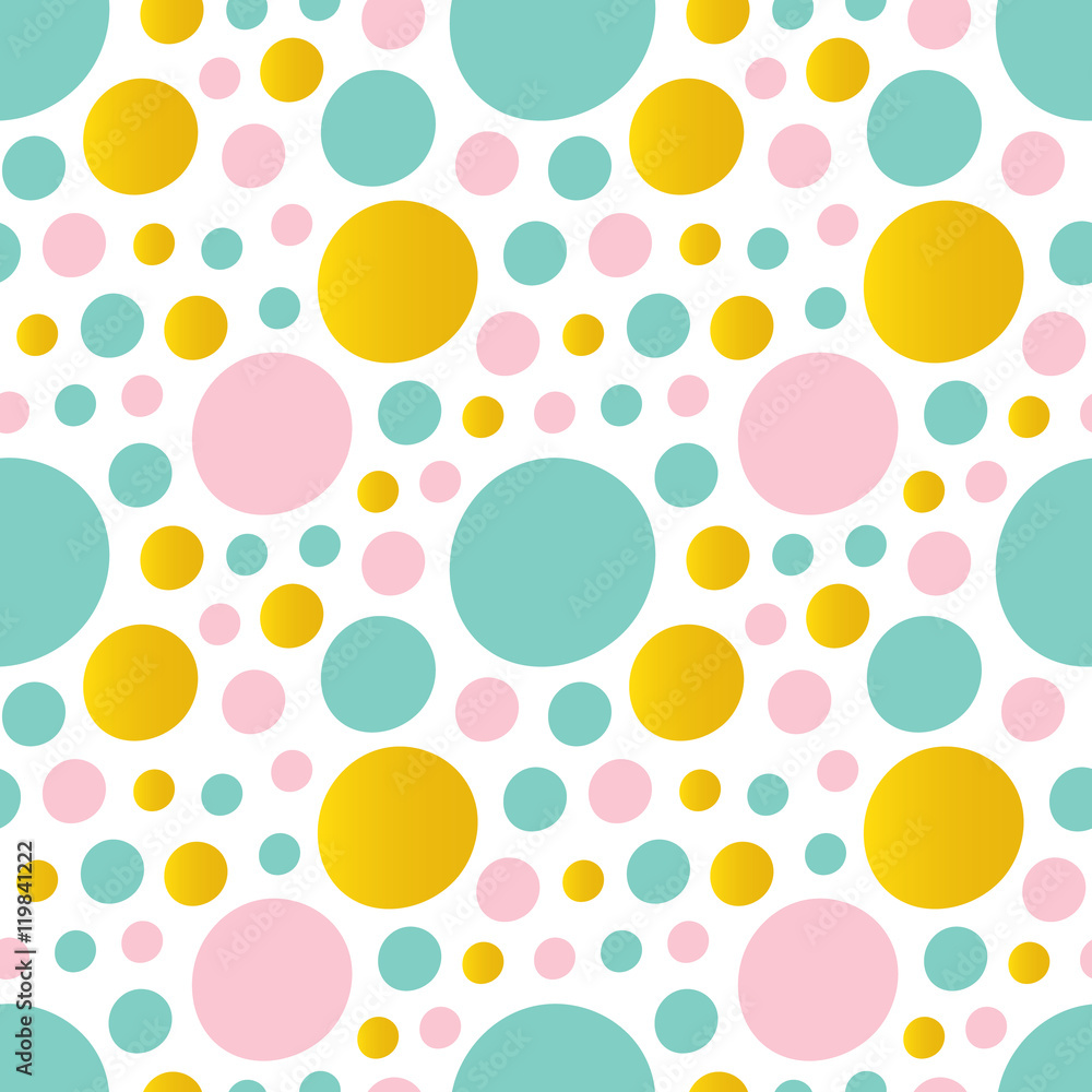 Cute pink, mint green and gold abstract bubbles, dots, rounds seamless