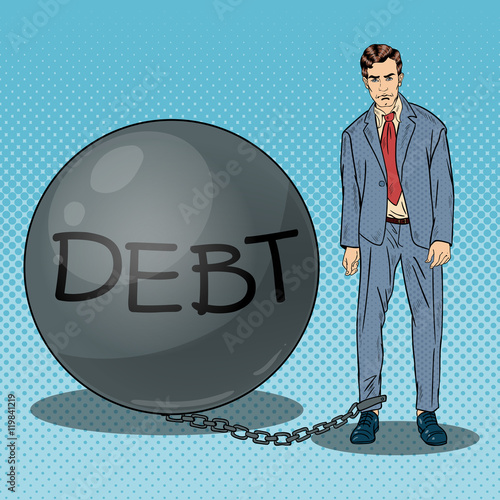 Pop Art Sad Businessman Chained to a Stone Debt Ball. Vector illustration