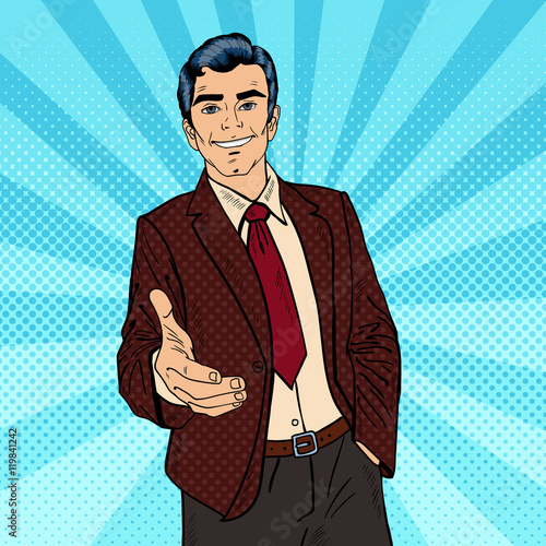 Successful Businessman Handshake. Business Partnership. Pop Art Vector illustration