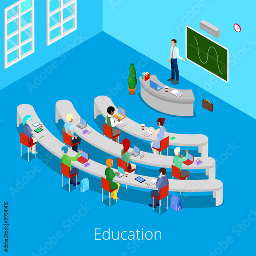 Isometric Educational Process. Flat 3d University Lecture Room with Teacher and Students. Vector illustration