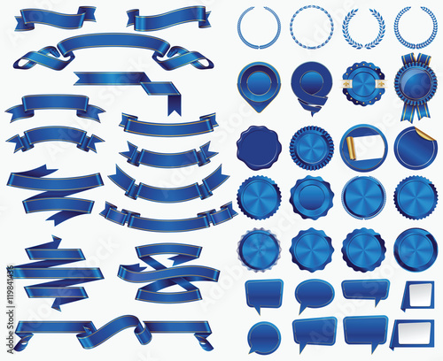 Set of Blue Ribbons and Certificate Seals and Badges