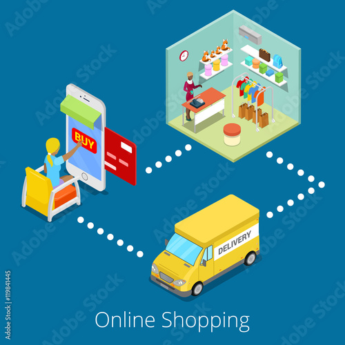 Isometric Online Shopping. Flat 3d Woman Buying Clothes in Web Store with Delivery. Vector illustration