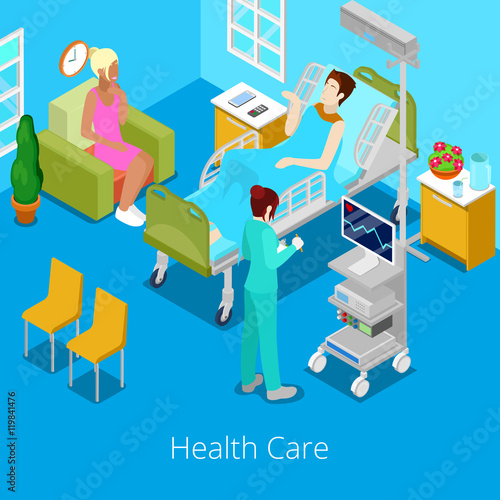 Isometric Hospital Room with Patient and Nurse. Health Care 3d Concept. Vector illustration