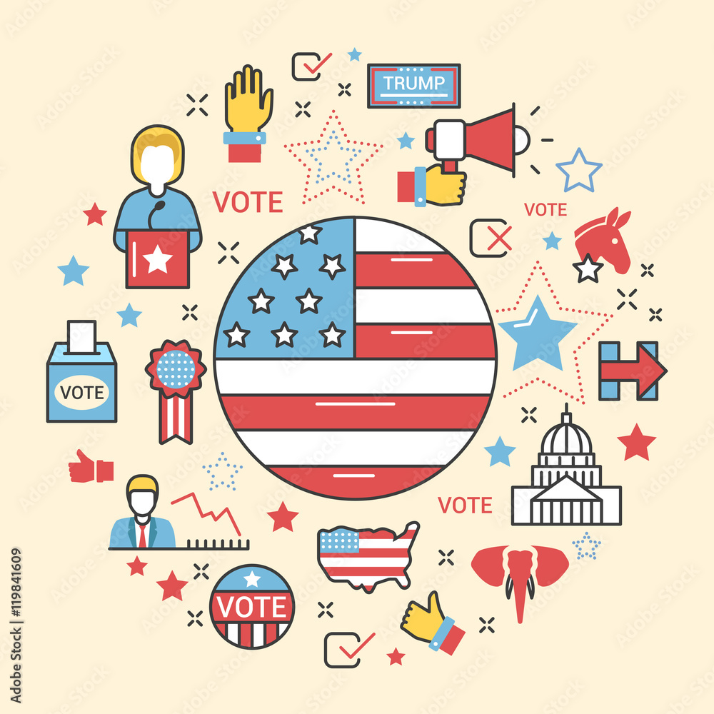 Naklejka premium USA Presidential Election 2016 Line Art Thin Vector Icons Set