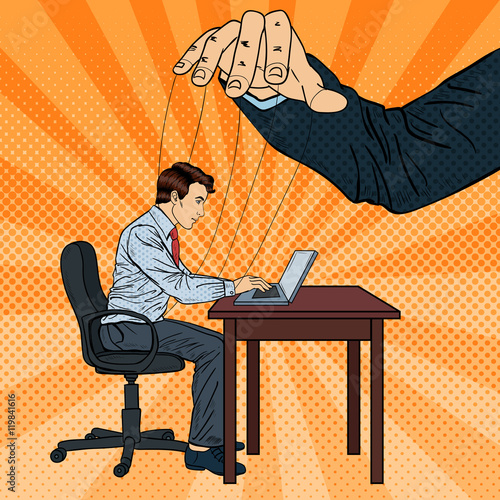 Puppeteer Controlling Business Man at Office Work. Pop Art Vector illustration