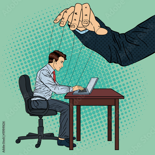 Puppeteer Controlling Business Man at Office Work. Pop Art Vector illustration