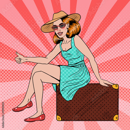Pretty Young Pop Art Woman Traveler Hitchhiking Sitting on Suitcase. Vector illustration
