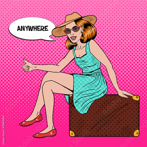 Pretty Young Pop Art Woman Traveler Hitchhiking Sitting on Suitcase. Vector illustration