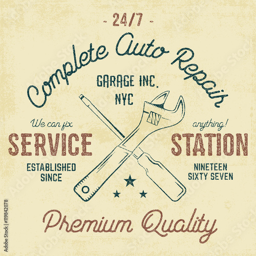 Foto Service station vintage label, tee design graphics, auto repair service typography print