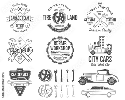 Vintage car service badges, garage repair retro labels and insignias collection. Included tire service icons and design elements. For repair workshop, classic cars auctions, clubs, tee shirt. Vector
