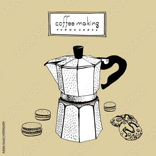 coffee maker percolator with cookies graphic draw.