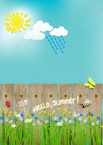 summer landscape, flowers, sun, bee, ladybug, butterfly. hello summer.vector illustration