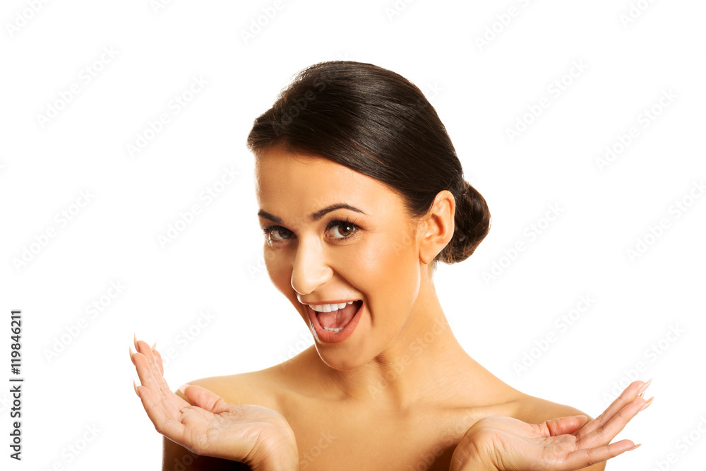 Happy spa woman with open hands Happy spa woman with open hands