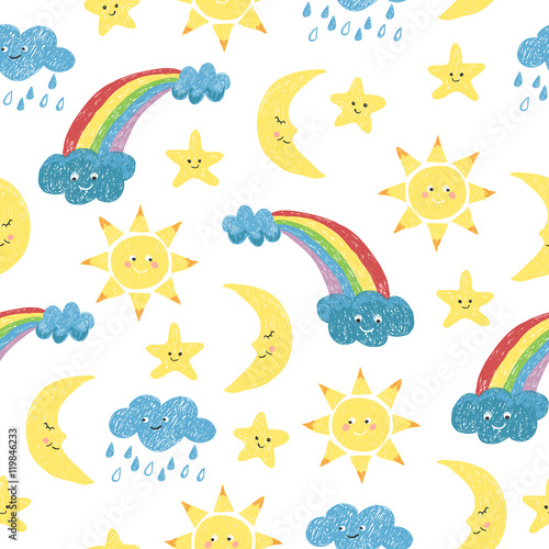 Children drawings seamless pattern. Vector colorful background with doodle sun, moon, clouds and rainbow.