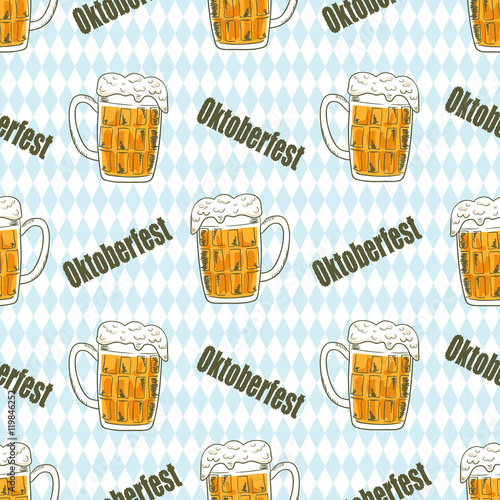Oktoberfest - Beer festival celebration. Seamless pattern with mugs of beer. Vector background.