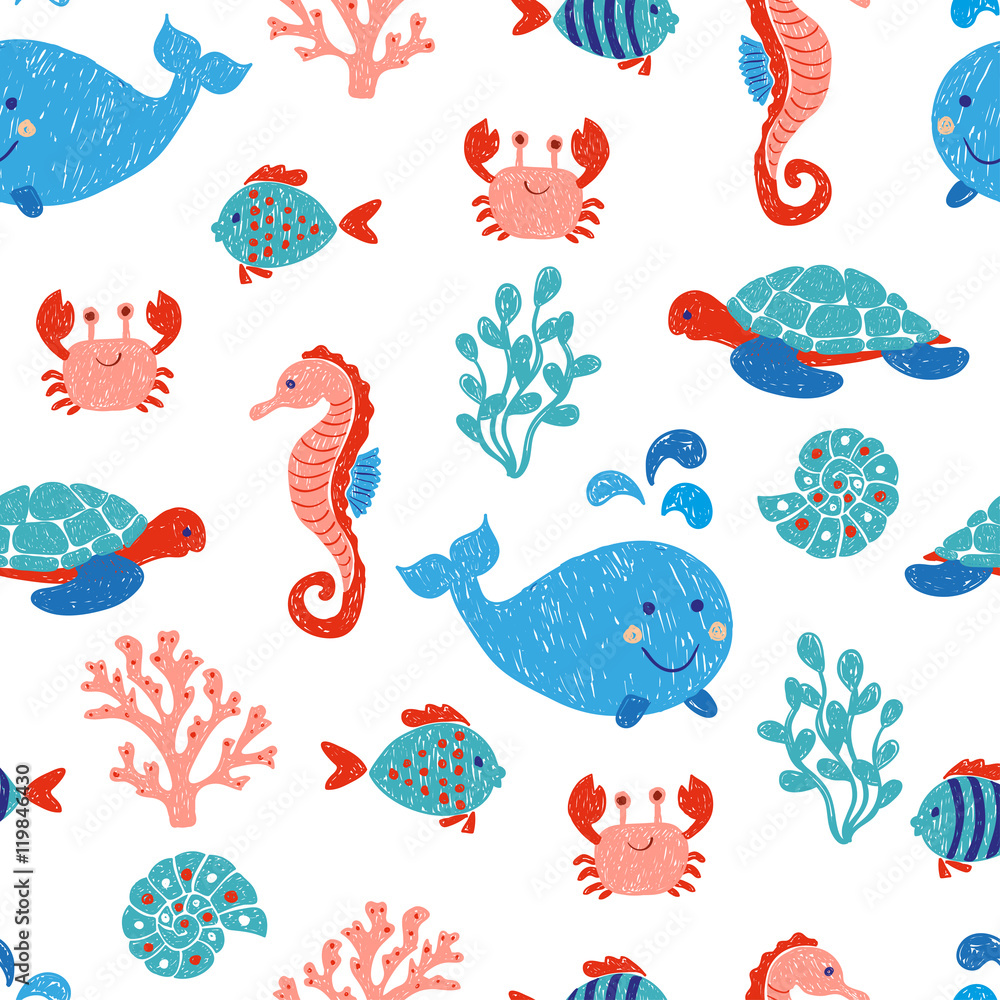 Wall murals Cute sea animals seamless pattern in blue and pink colors.  Vector background with children drawings of whale, turtle, sea horse and  fishes. 