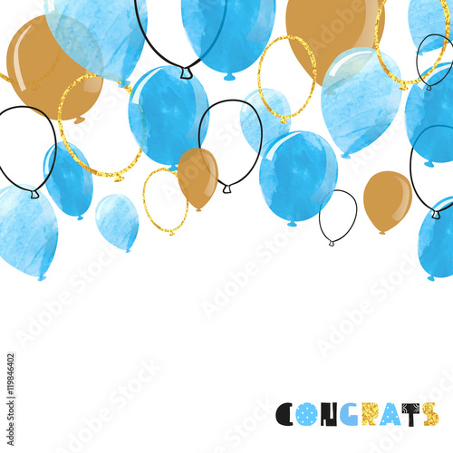 Watercolor blue and glittering gold balloon. Vector celebration background.