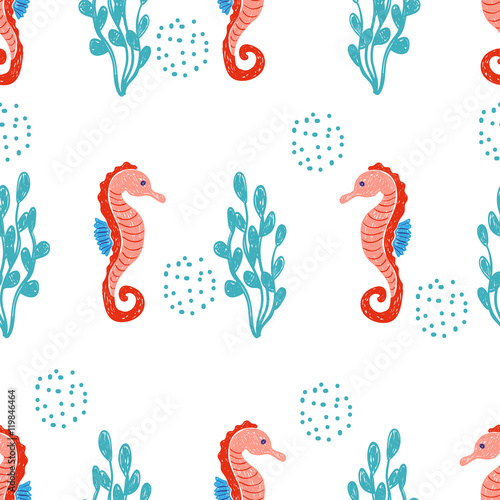 Sea horses seamless pattern. Vector marine background. 