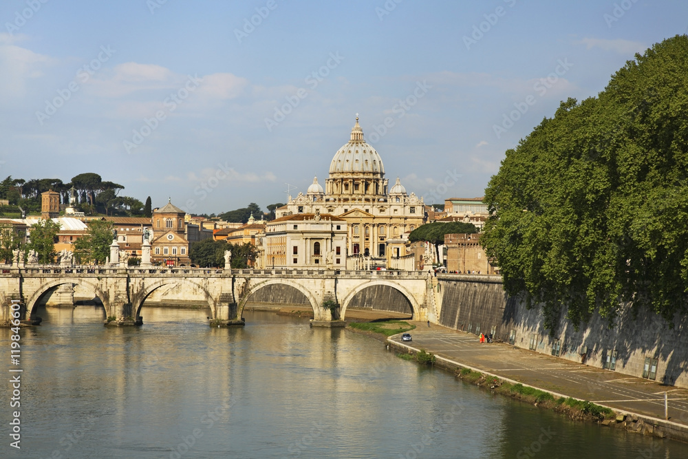 Bridge of Sant Angelo and basilica of st. Paul in Rome. Italy