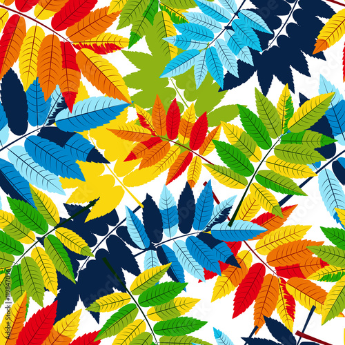 Vector autumn leaves seamless pattern. Multicolor fall background with leaves...