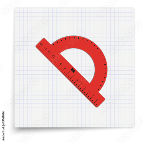 Red realistic protractor lying on the sheet of paper. Student supplies image. Top view illustration.
