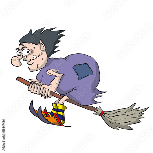 Funny witch flying on a broomstick. Cartoon hag in purple cloak.